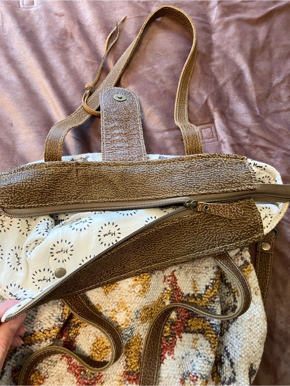 Boho Myra Bag Multicolor Woven Tapestry Tote with Brown Leather Trim - Picture 5 of 8
